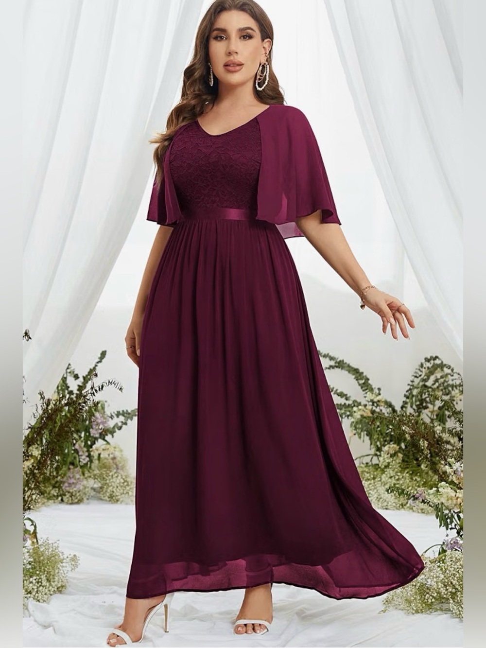 Miusol Plus Size Half Sleeves Cape Dress Lace Chiffon V Neck Evening Party Max